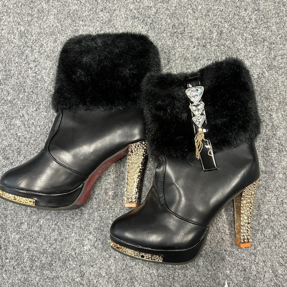 Vero Winter Fluffy High Heel Boots Patent Leather Women Size 8